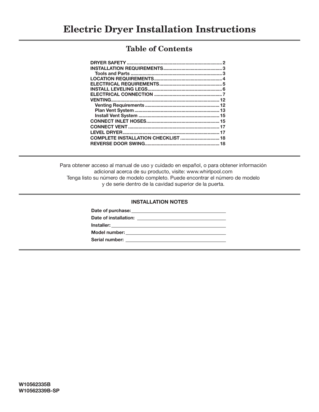 Maytag W10562335B, W10562339B-SP installation instructions Electric Dryer Installation Instructions 