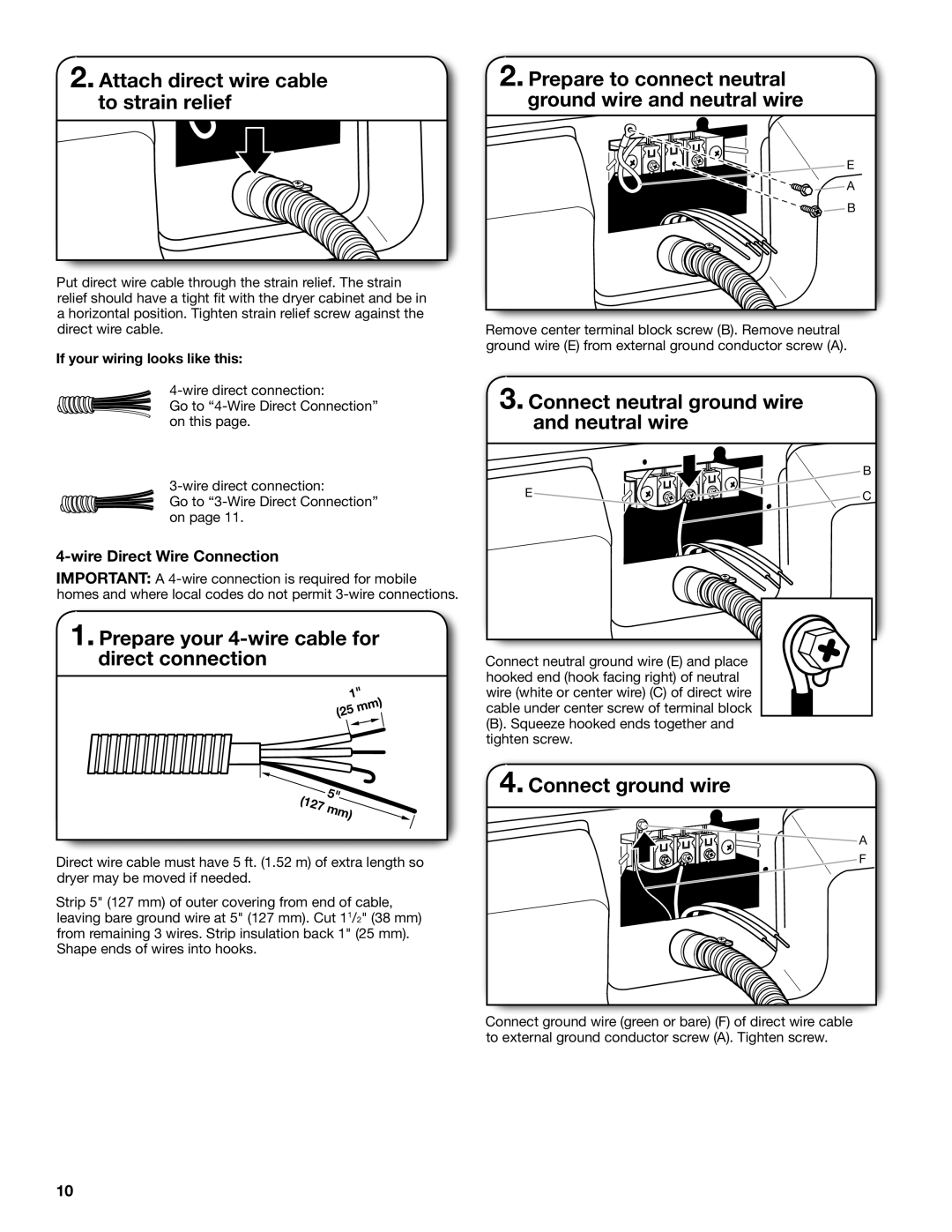 Maytag W10562339B-SP, W10562335B Prepare your 4-wire cable for direct connection, Wire Direct Wire Connection 