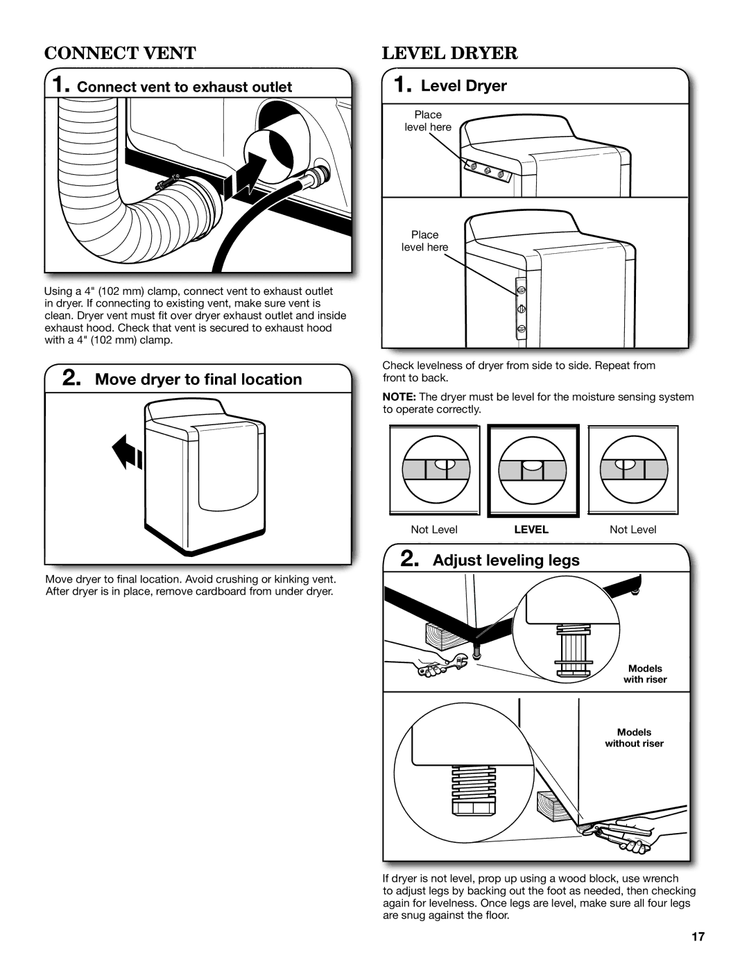 Maytag W10562335B, W10562339B-SP Connect Vent, Level Dryer, Move dryer to final location, Adjust leveling legs 