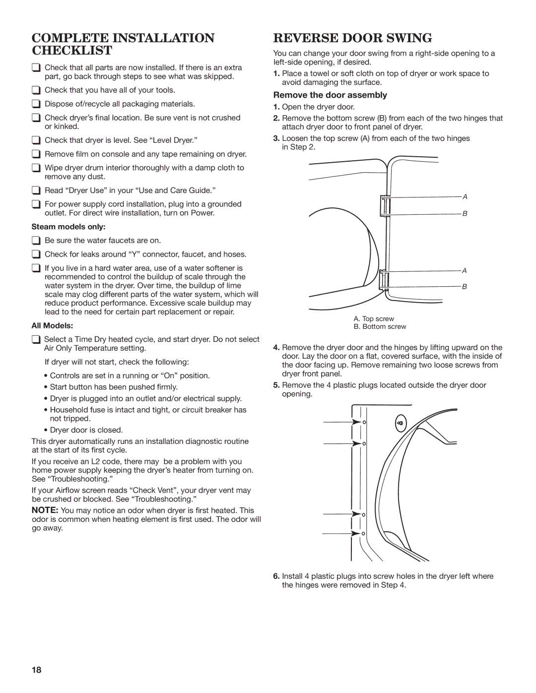 Maytag W10562339B-SP Complete Installation Checklist, Reverse Door Swing, Remove the door assembly, Steam models only 