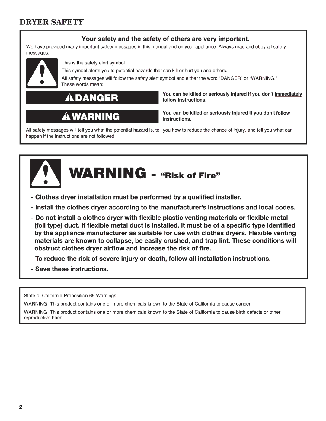 Maytag W10562339B-SP, W10562335B installation instructions Dryer Safety 