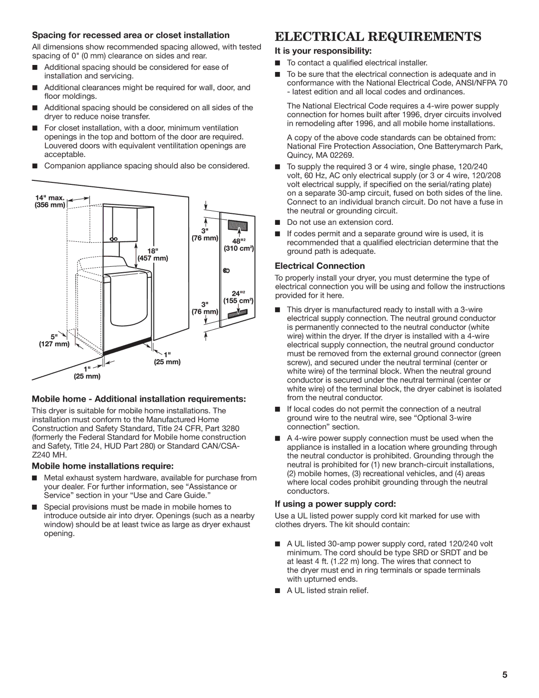 Maytag W10562335B, W10562339B-SP installation instructions Electrical Requirements 