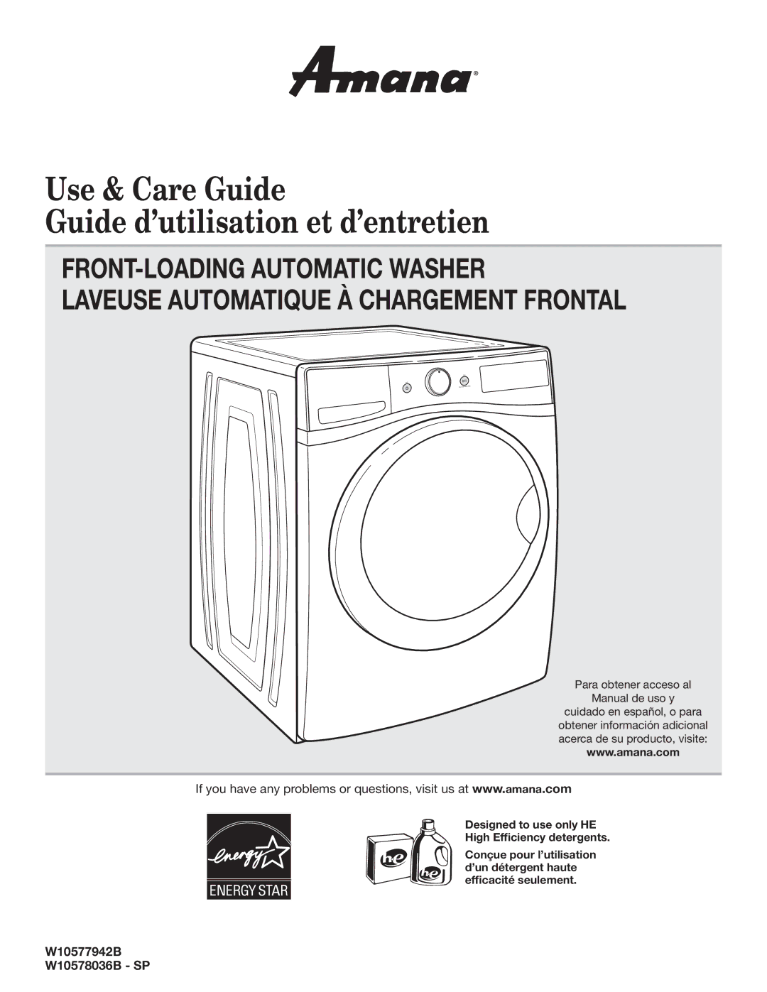 Maytag W10578036B - SP manual Use & Care Guide Guide d’utilisation et d’entretien, W10577942B W10578036B SP 