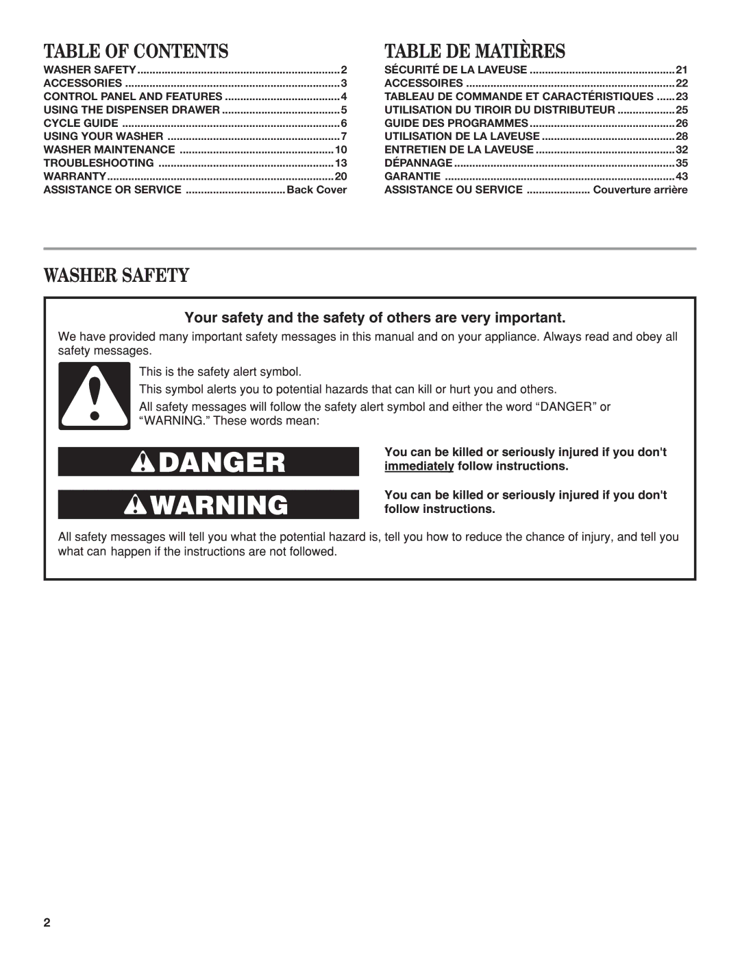 Maytag W10578036B - SP, W10577942B manual Table of Contents, Table DE Matières, Washer Safety 