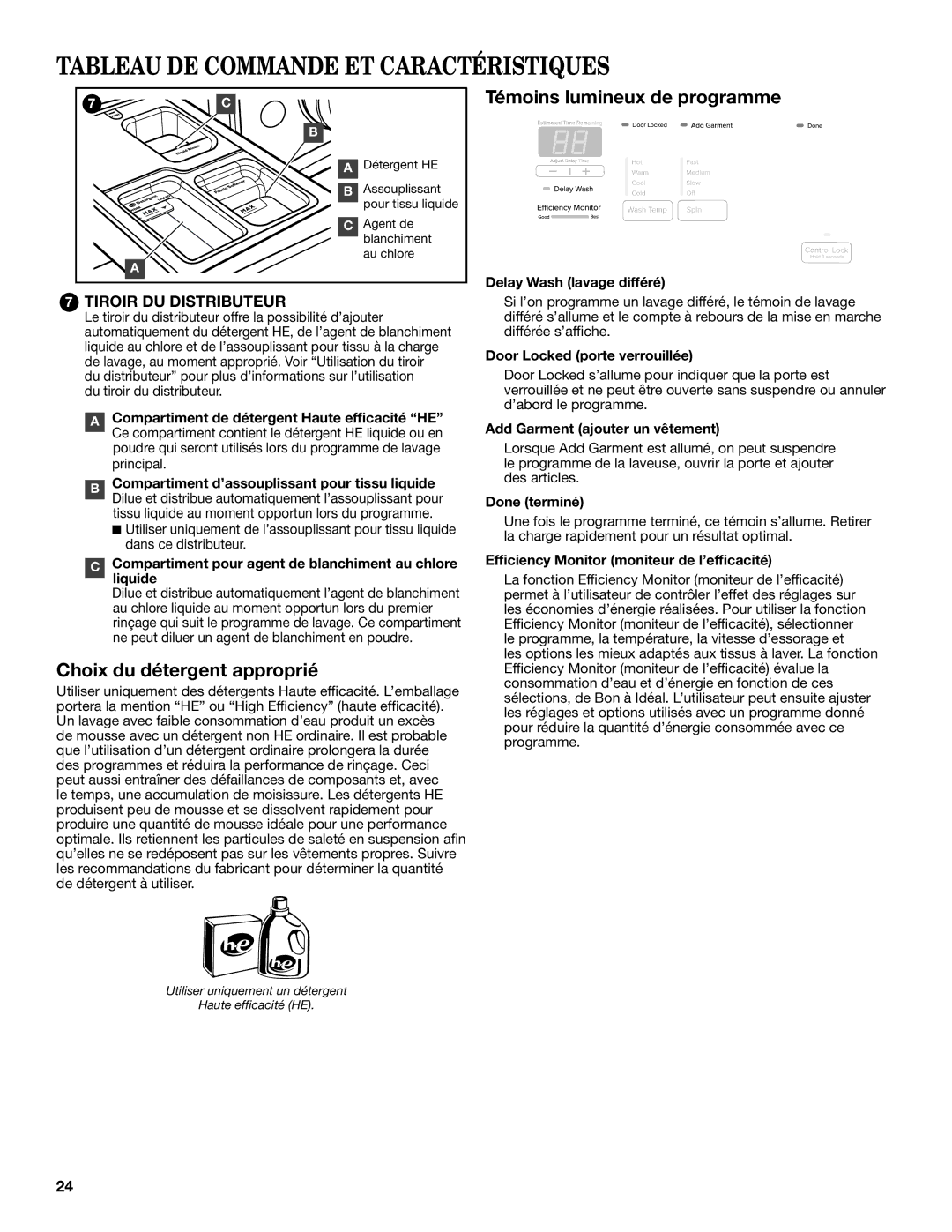 Maytag W10578036B - SP, W10577942B manual Témoins lumineux de programme, Choix du détergent approprié 