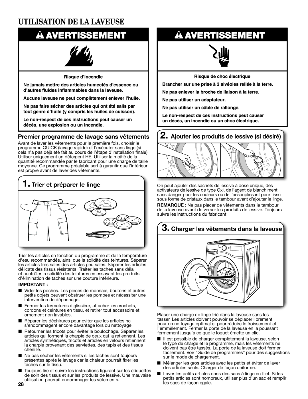 Maytag W10578036B - SP Utilisation DE LA Laveuse, Premier programme de lavage sans vêtements, Trier et préparer le linge 