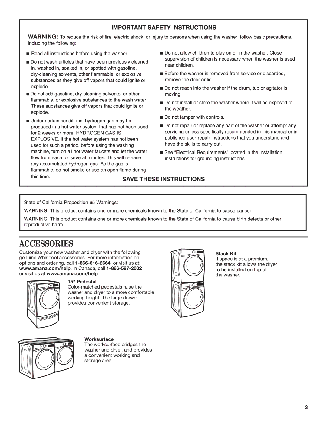 Maytag W10577942B, W10578036B - SP manual Accessories, Pedestal, Worksurface, Stack Kit 