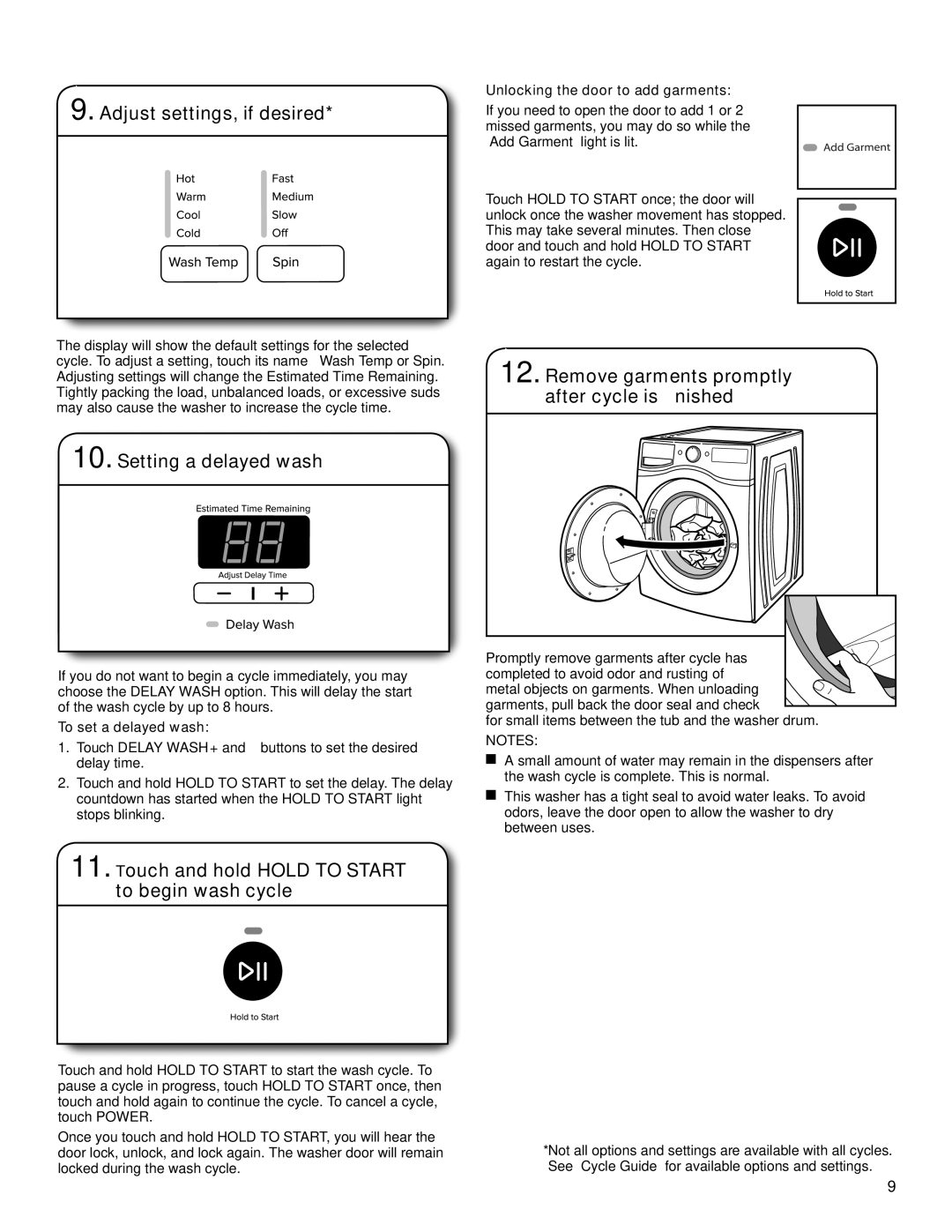 Maytag W10577942B Adjust settings, if desired, Setting a delayed wash, Touch and hold Hold to Start to begin wash cycle 