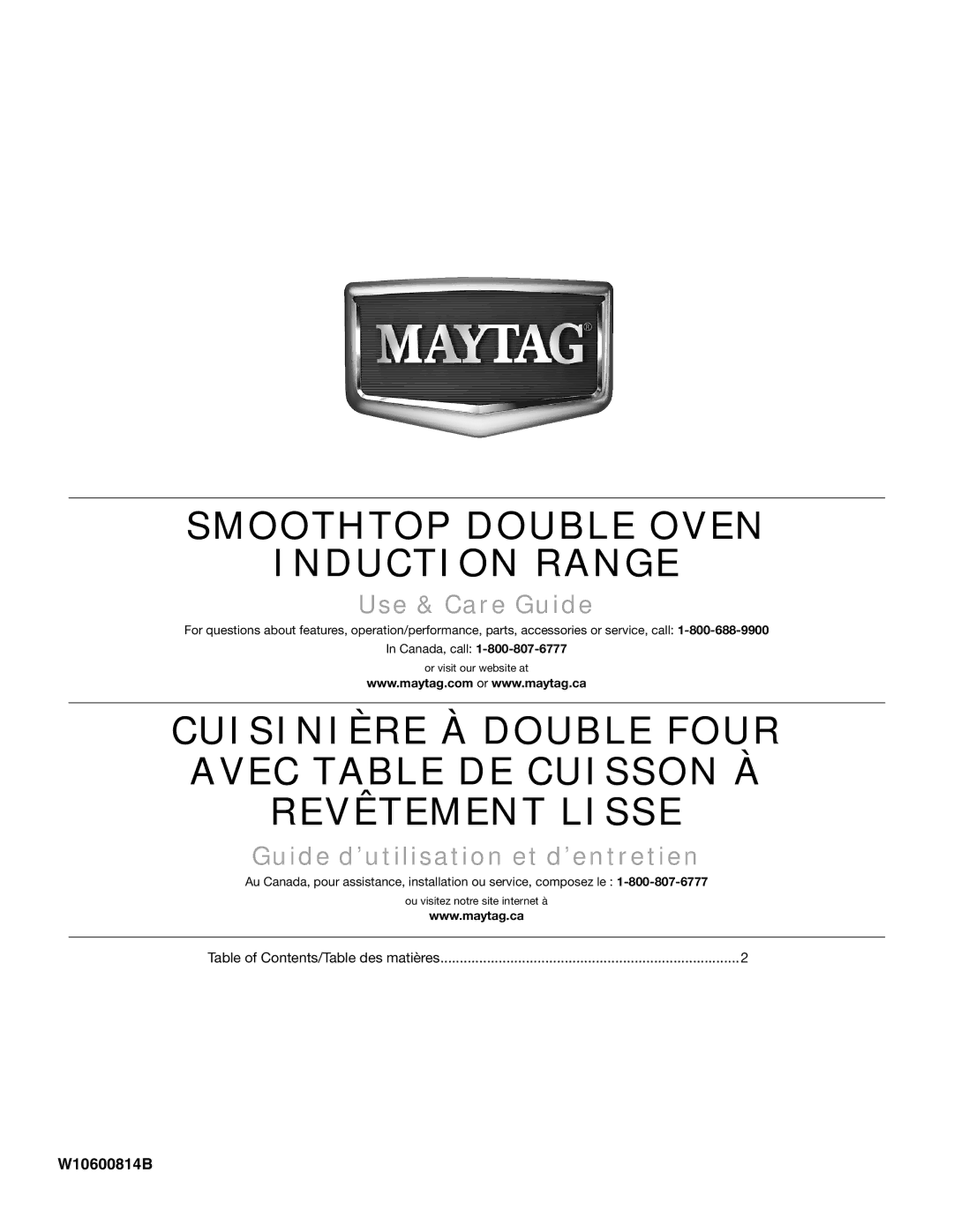 Maytag W10600814B manual Smoothtop Double Oven Induction Range 