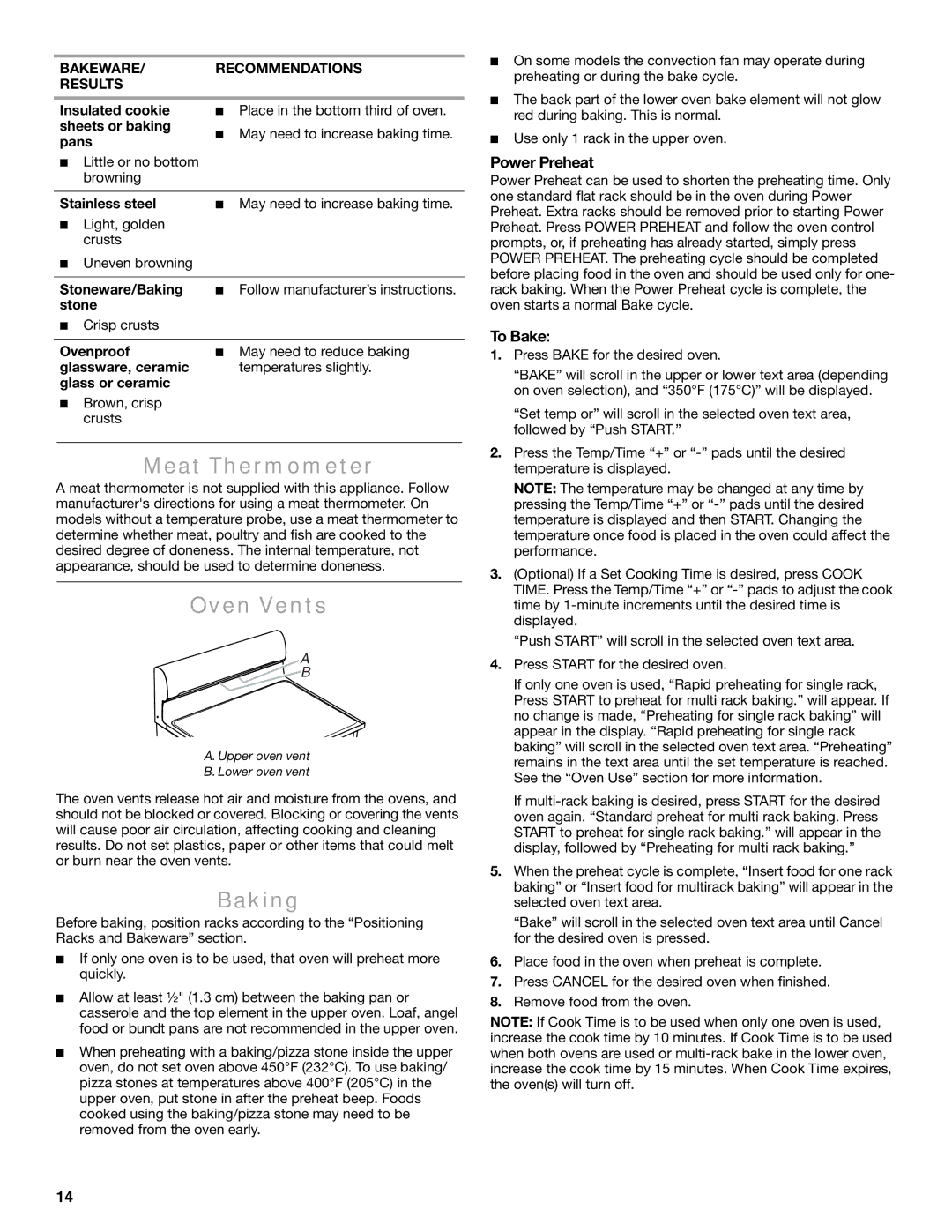 Maytag W10600814B manual Meat Thermometer, Oven Vents, Baking, Power Preheat, To Bake 