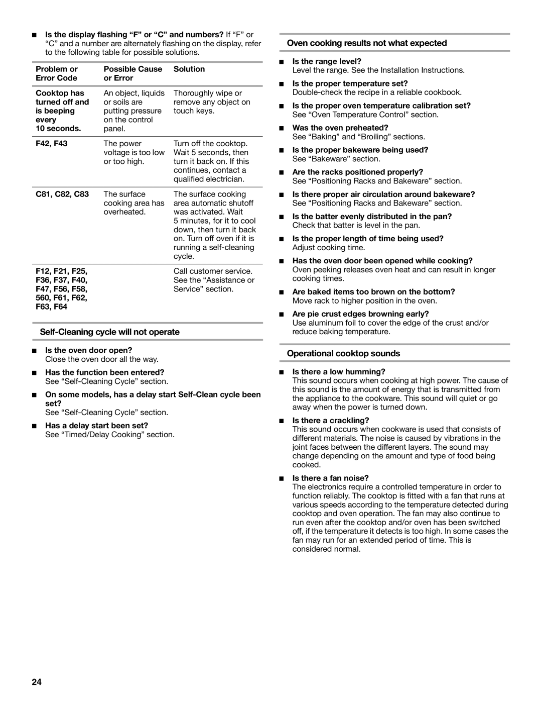 Maytag W10600814B Self-Cleaning cycle will not operate, Oven cooking results not what expected, Operational cooktop sounds 