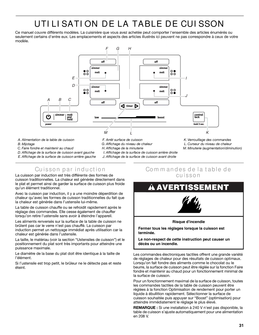 Maytag W10600814B manual Utilisation DE LA Table DE Cuisson, Cuisson par induction, Commandes de la table de Cuisson 