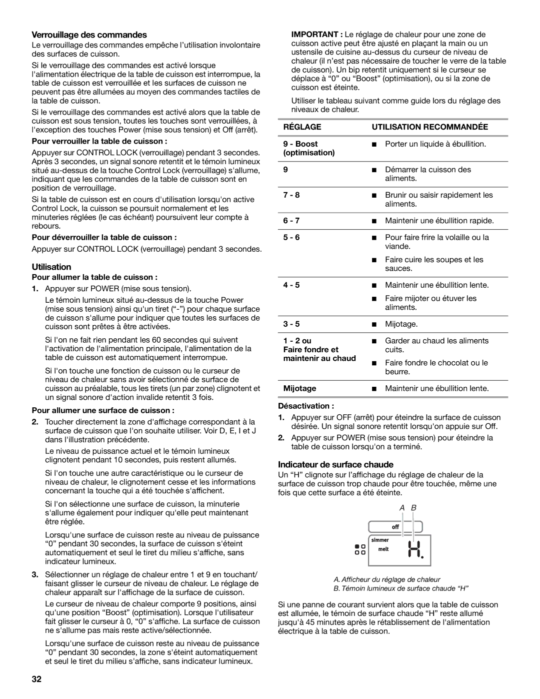 Maytag W10600814B manual Verrouillage des commandes, Indicateur de surface chaude, Réglage Utilisation Recommandée 