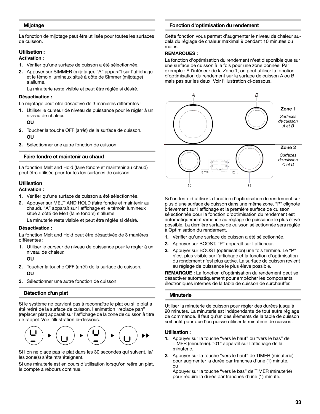 Maytag W10600814B Mijotage Fonction doptimisation du rendement, Faire fondre et maintenir au chaud, Détection dun plat 