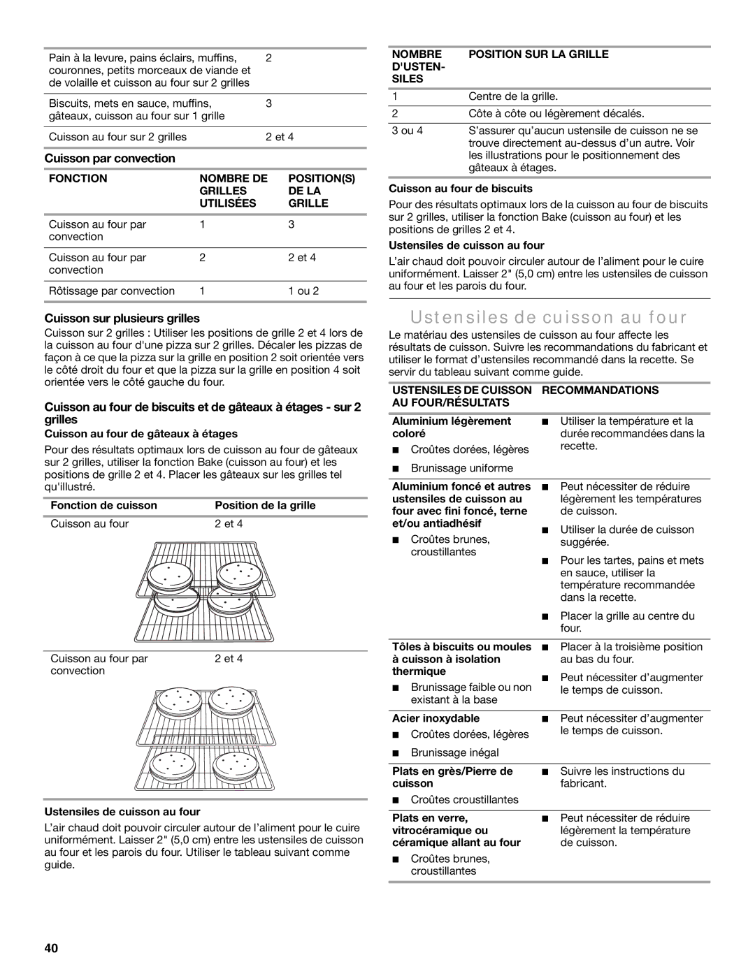 Maytag W10600814B manual Ustensiles de cuisson au four, Cuisson par convection, Cuisson sur plusieurs grilles 