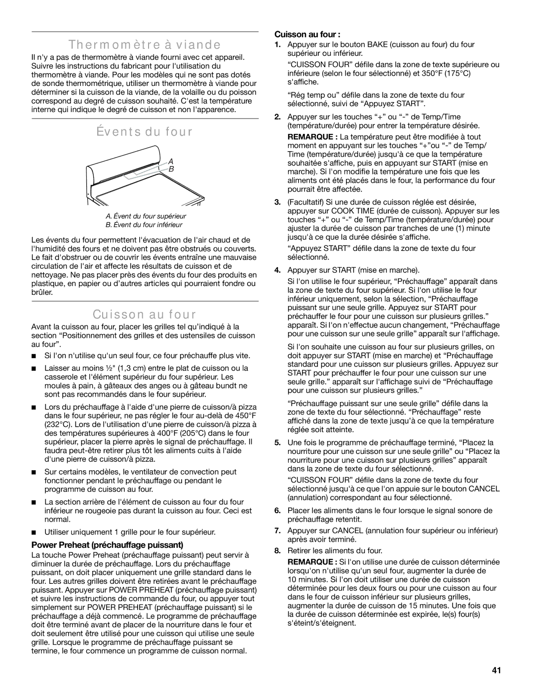 Maytag W10600814B manual Thermomètre à viande, Évents du four, Cuisson au four, Power Preheat préchauffage puissant 