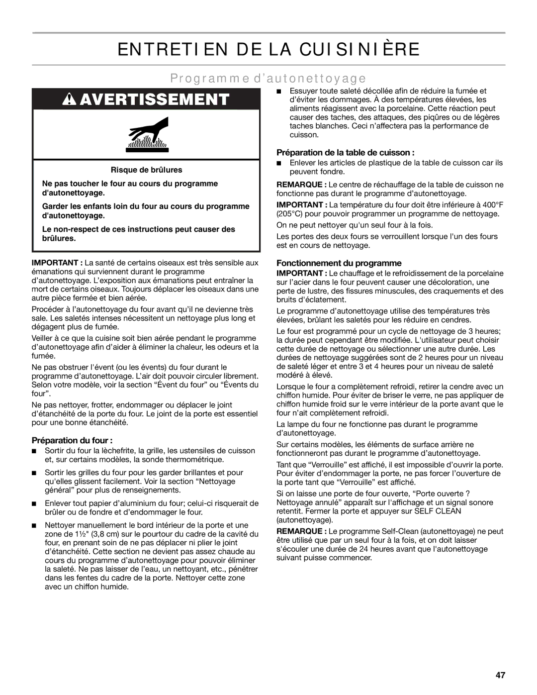 Maytag W10600814B Entretien DE LA Cuisinière, Programme d’autonettoyage, Préparation du four, Fonctionnement du programme 