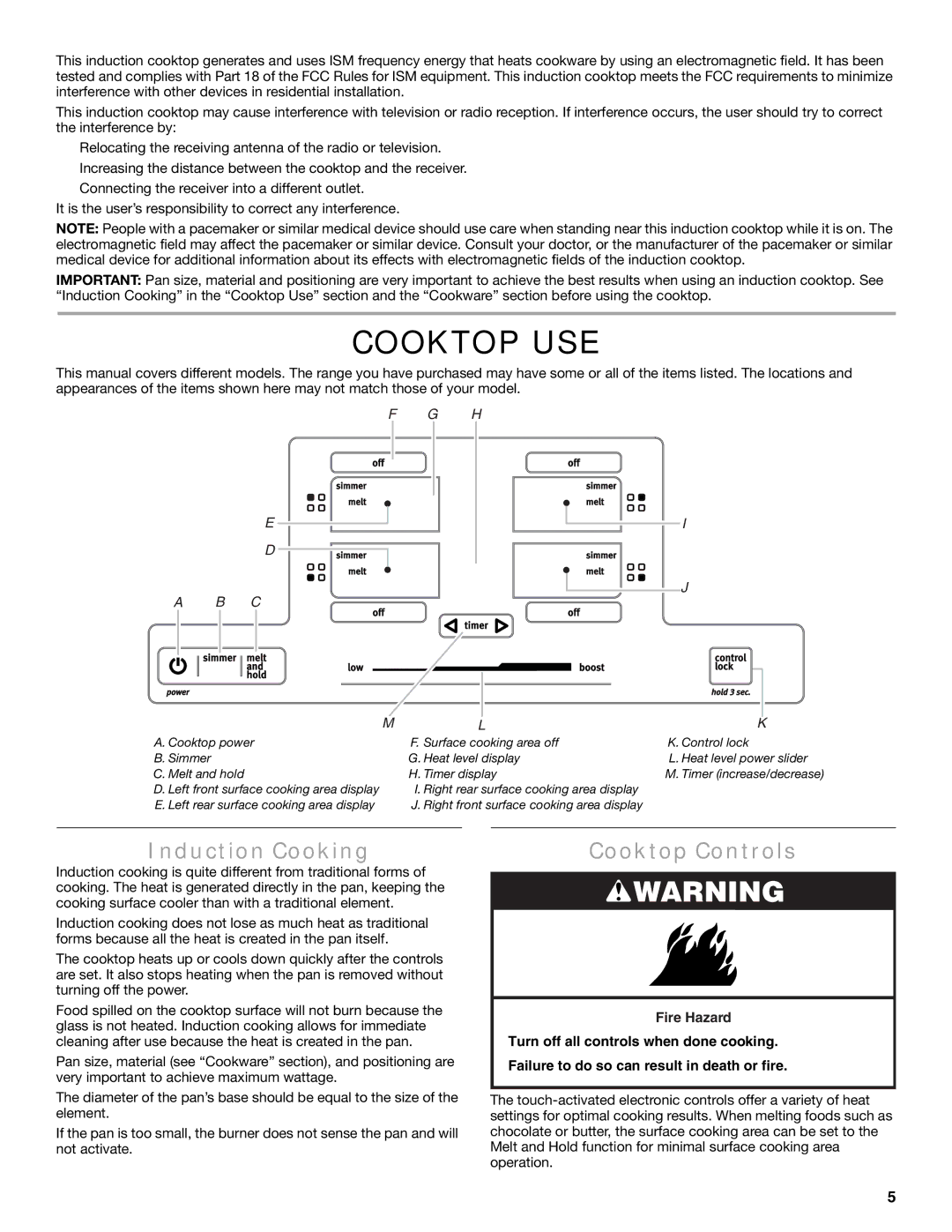 Maytag W10600814B manual Cooktop USE, Induction Cooking, Cooktop Controls 