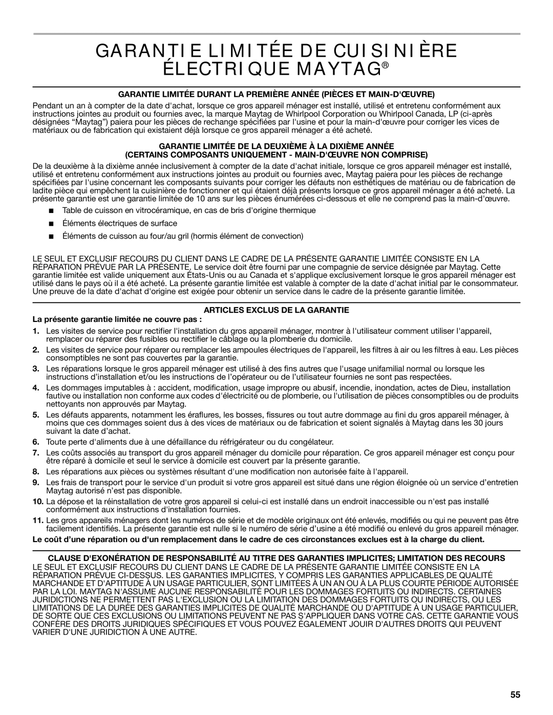 Maytag W10600814B manual Garantie Limitée DE Cuisinière Électrique Maytag, Articles Exclus DE LA Garantie 