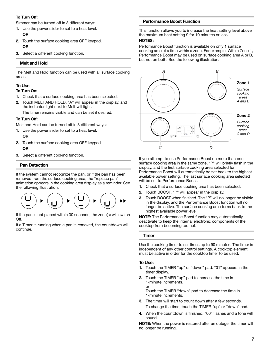 Maytag W10600814B manual Melt and Hold, Pan Detection, Performance Boost Function, Timer, Zone 