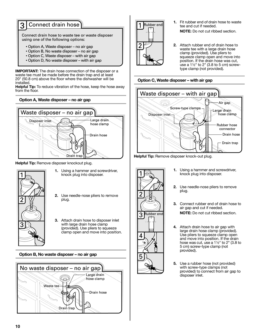 Maytag W10649077A installation instructions Option A, Waste disposer no air gap, Option B, No waste disposer no air gap 