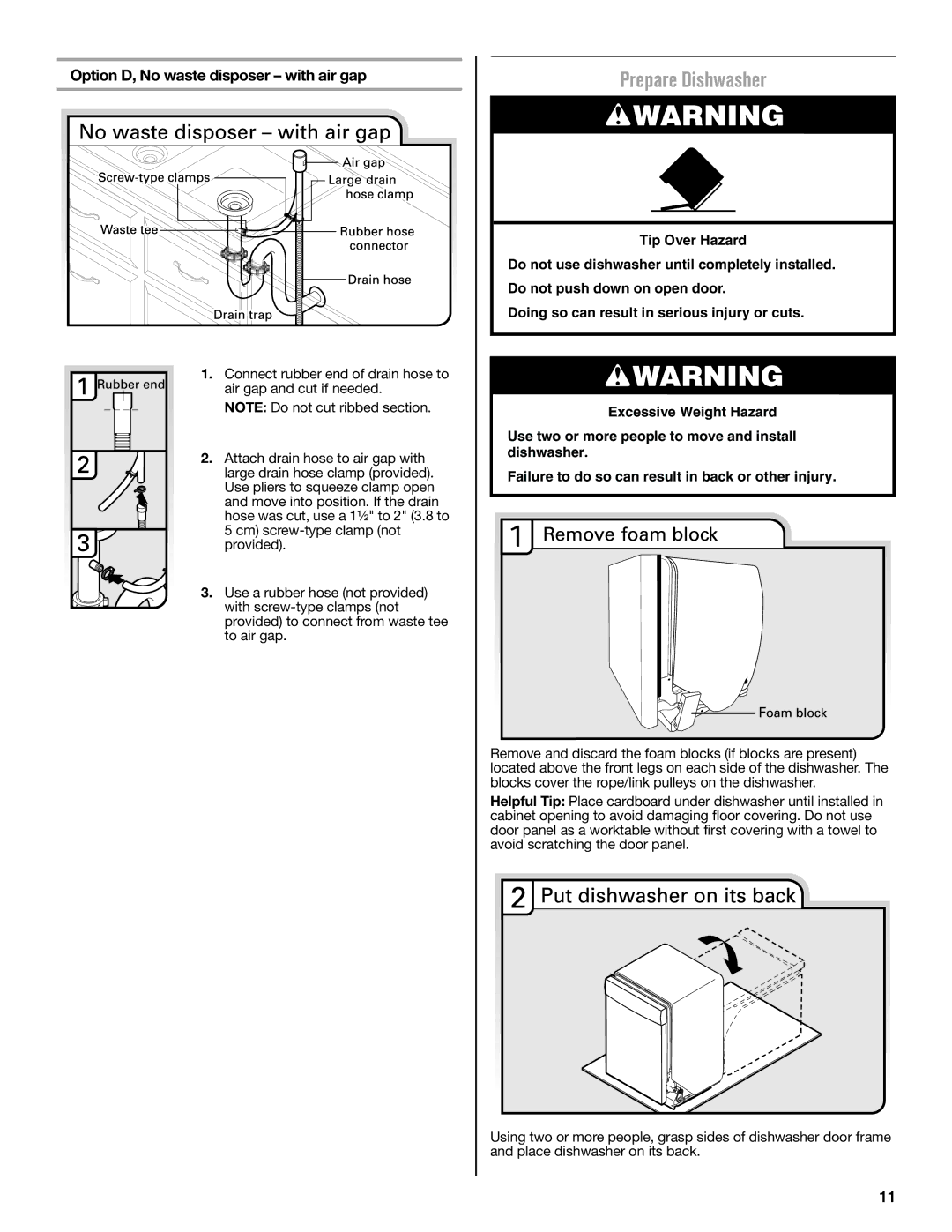 Maytag W10649077A installation instructions Prepare Dishwasher, Option D, No waste disposer with air gap 