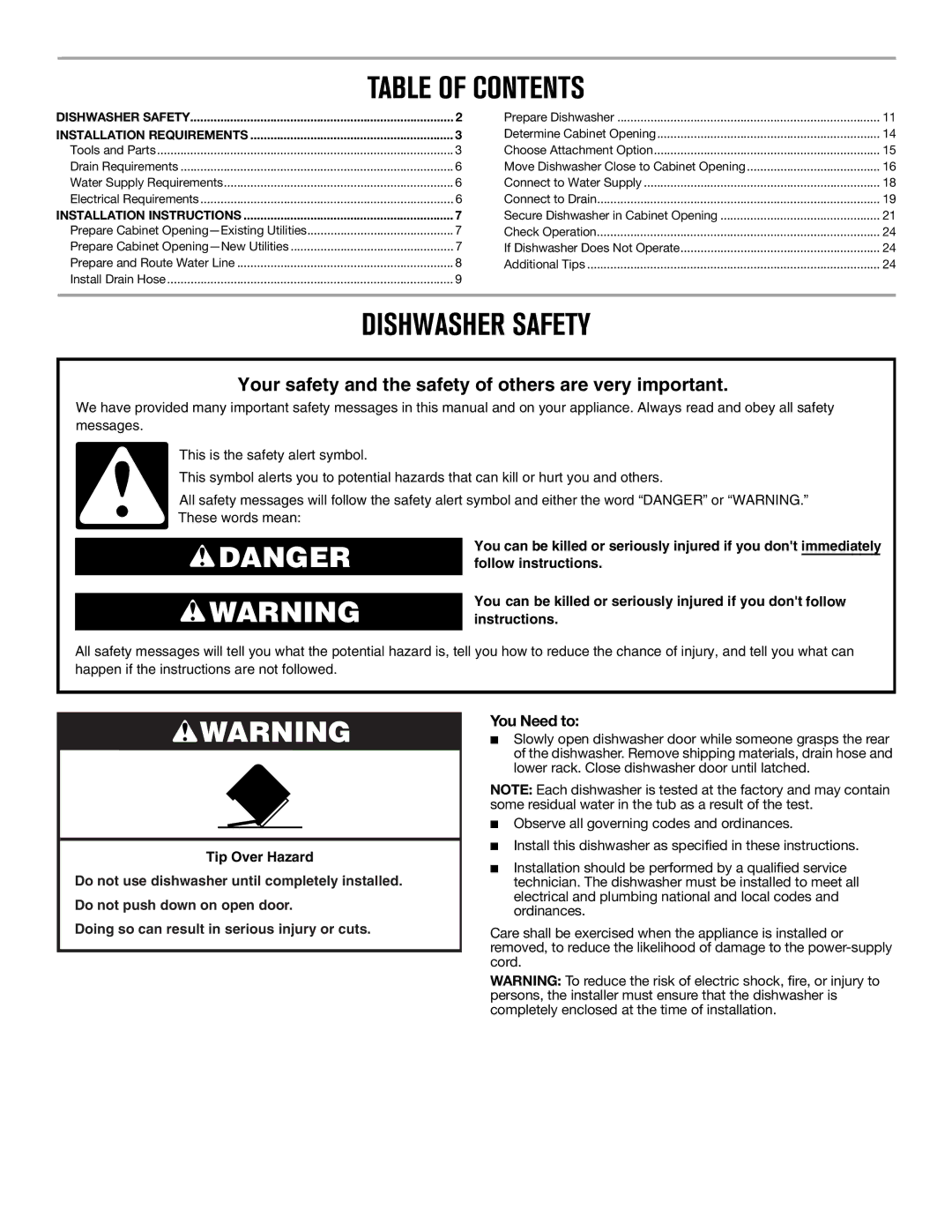 Maytag W10649077A installation instructions Table of Contents, Dishwasher Safety 