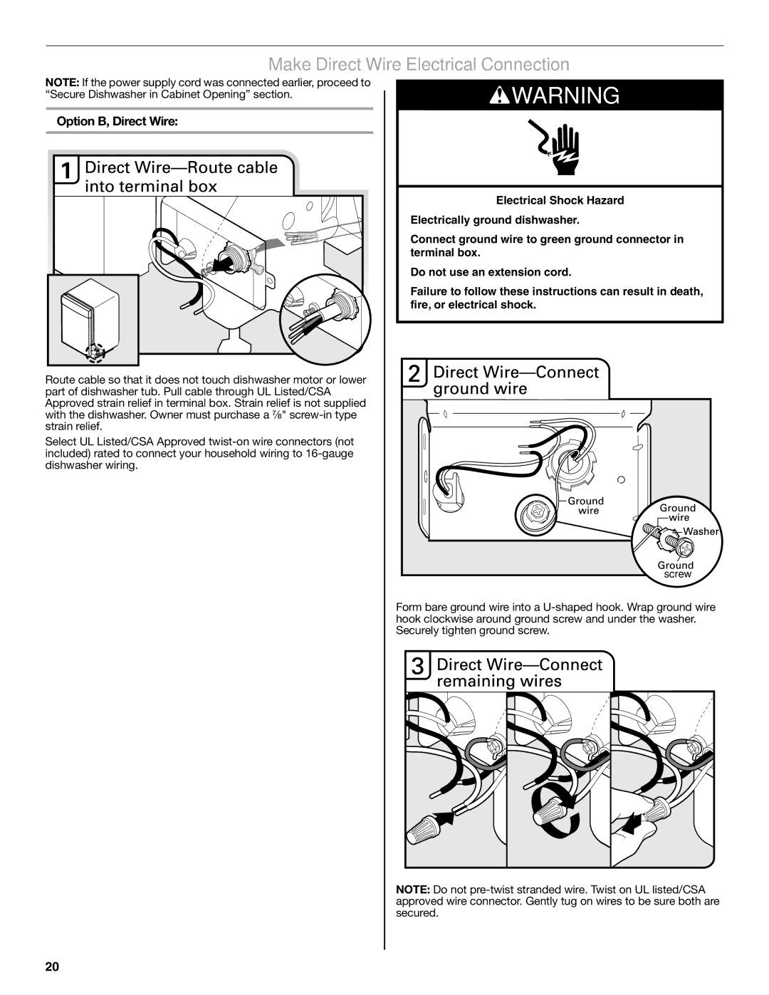 Maytag W10649077A installation instructions Make Direct Wire Electrical Connection, Option B, Direct Wire 