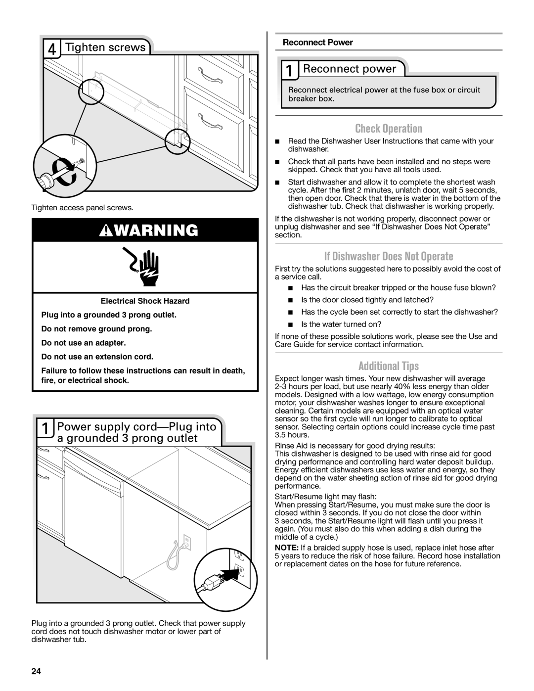 Maytag W10649077A Check Operation, If Dishwasher Does Not Operate, Additional Tips, Reconnect Power 