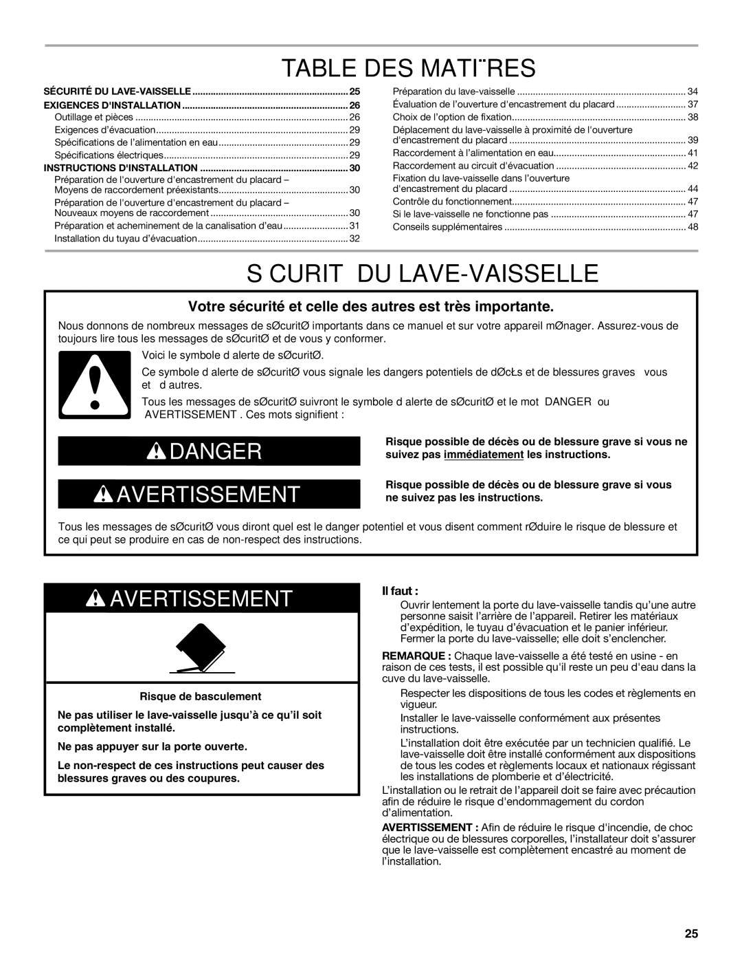 Maytag W10649077A installation instructions Table DES Matières, Sécurité DU LAVE-VAISSELLE, Il faut 