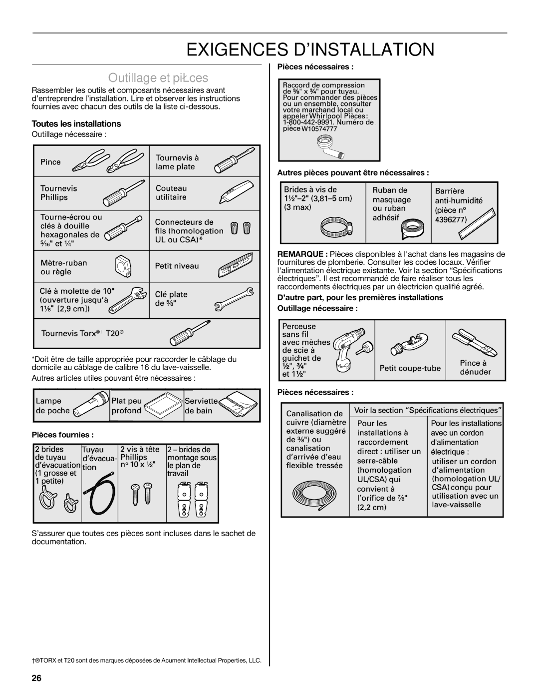 Maytag W10649077A installation instructions Exigences Dinstallation, Outillage et pièces, Toutes les installations 