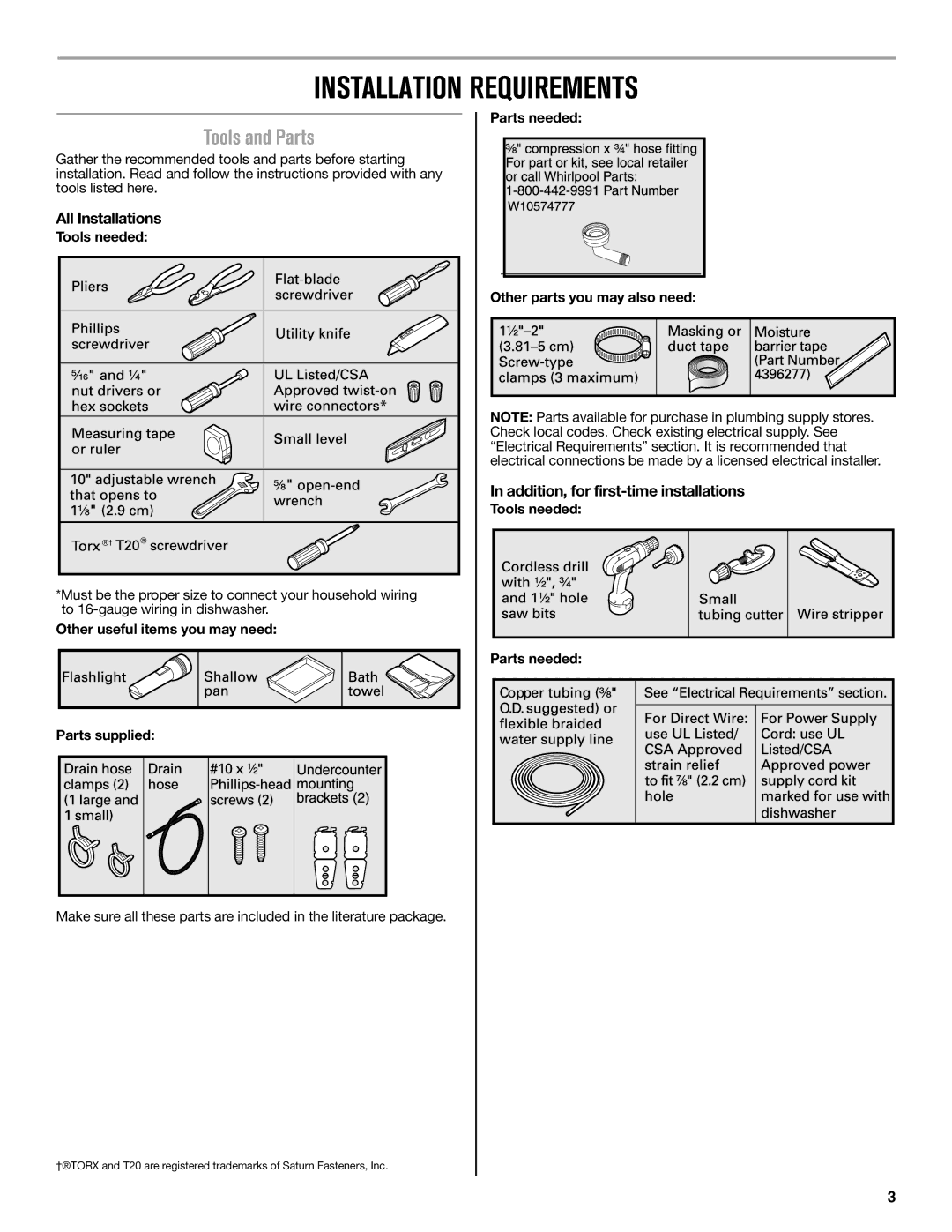 Maytag W10649077A Installation Requirements, Tools and Parts, All Installations, Addition, for first-time installations 