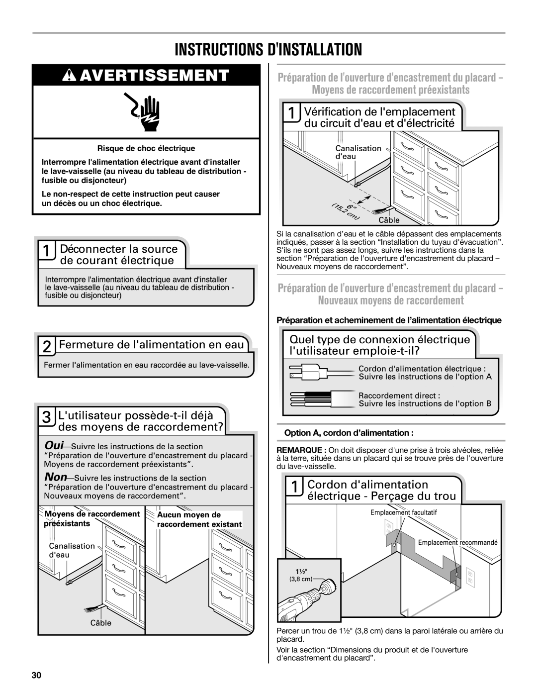 Maytag W10649077A Instructions Dinstallation, Moyens de raccordement préexistants, Nouveaux moyens de raccordement 