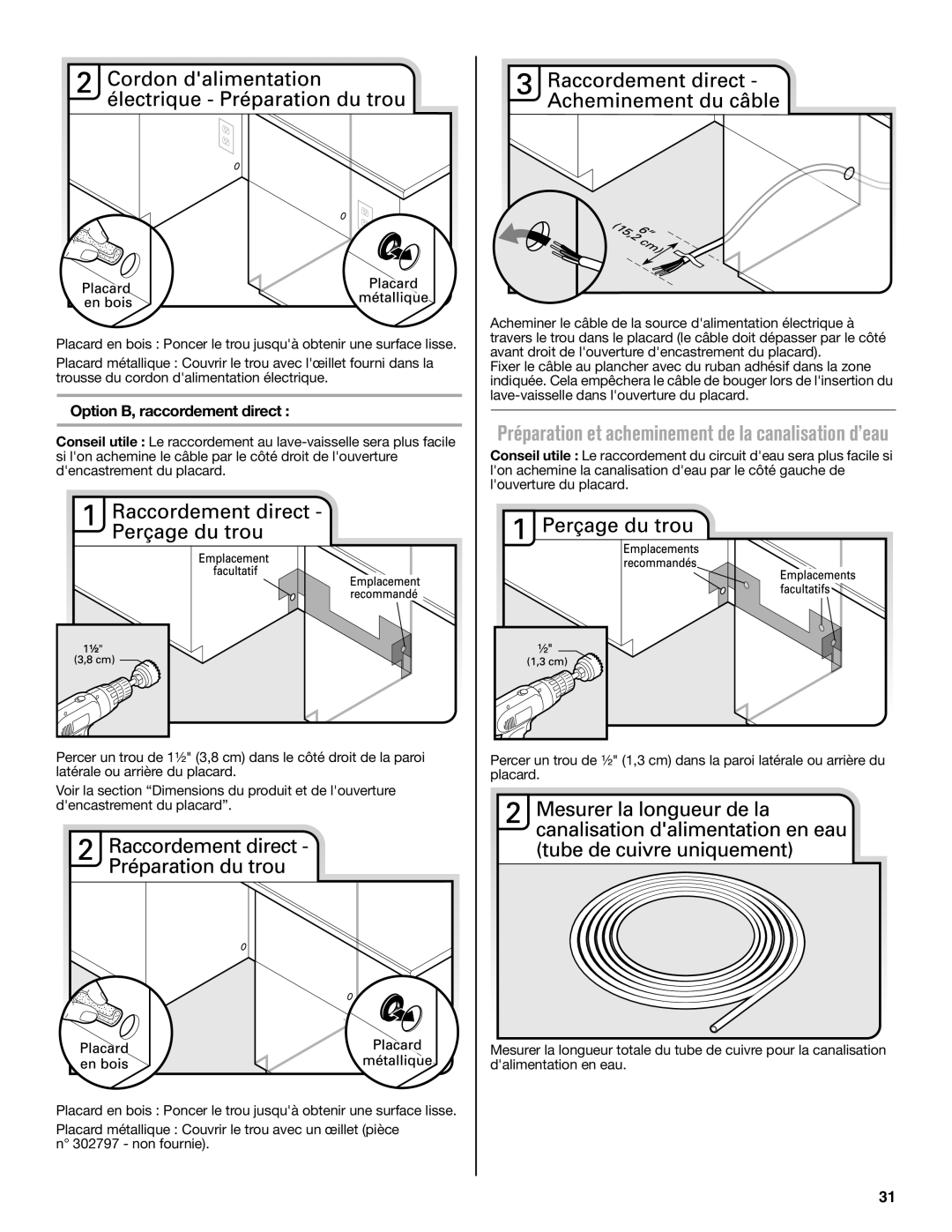 Maytag W10649077A Préparation et acheminement de la canalisation d’eau, Option B, raccordement direct 