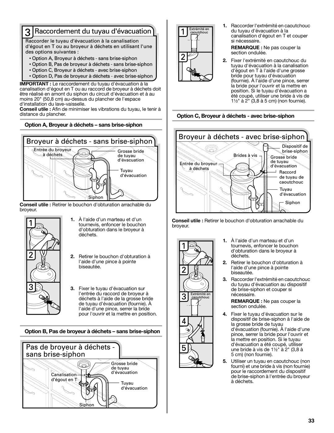 Maytag W10649077A Option A, Broyeur à déchets sans brise-siphon, Option B, Pas de broyeur à déchets sans brise-siphon 