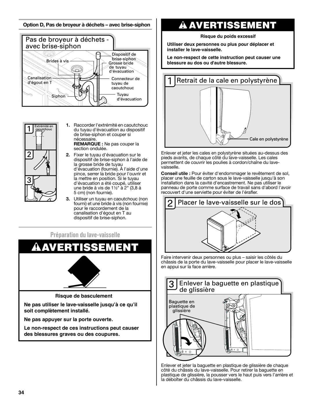 Maytag W10649077A Préparation du lave-vaisselle, Option D, Pas de broyeur à déchets avec brise-siphon 