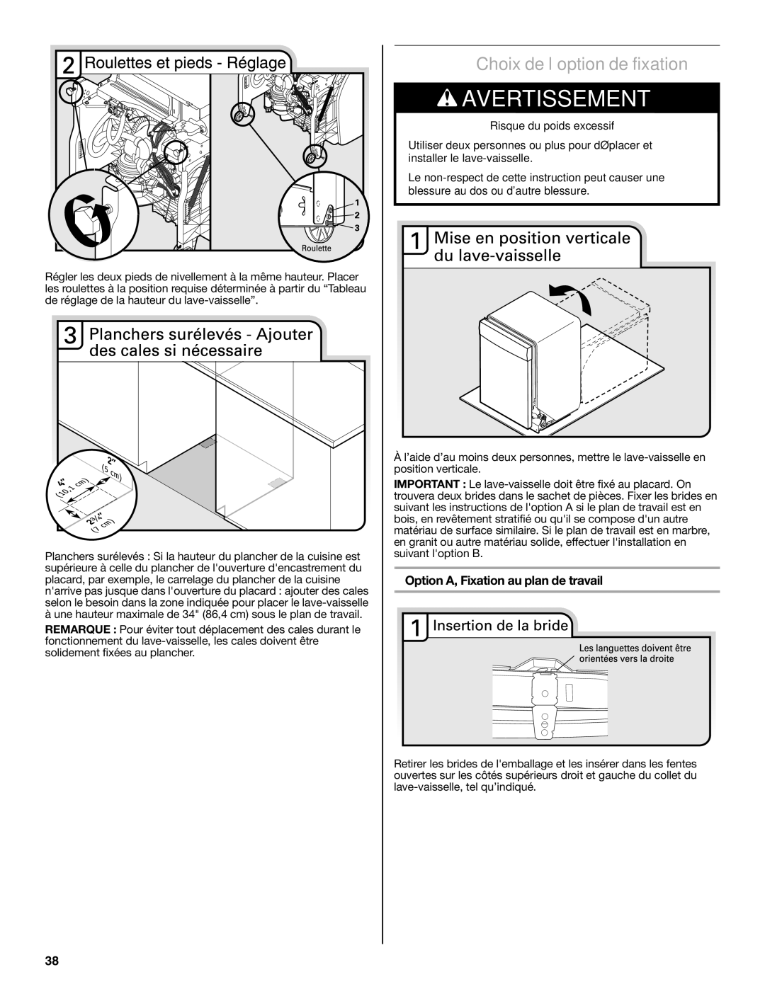 Maytag W10649077A installation instructions Choix de l’option de fixation, Option A, Fixation au plan de travail 