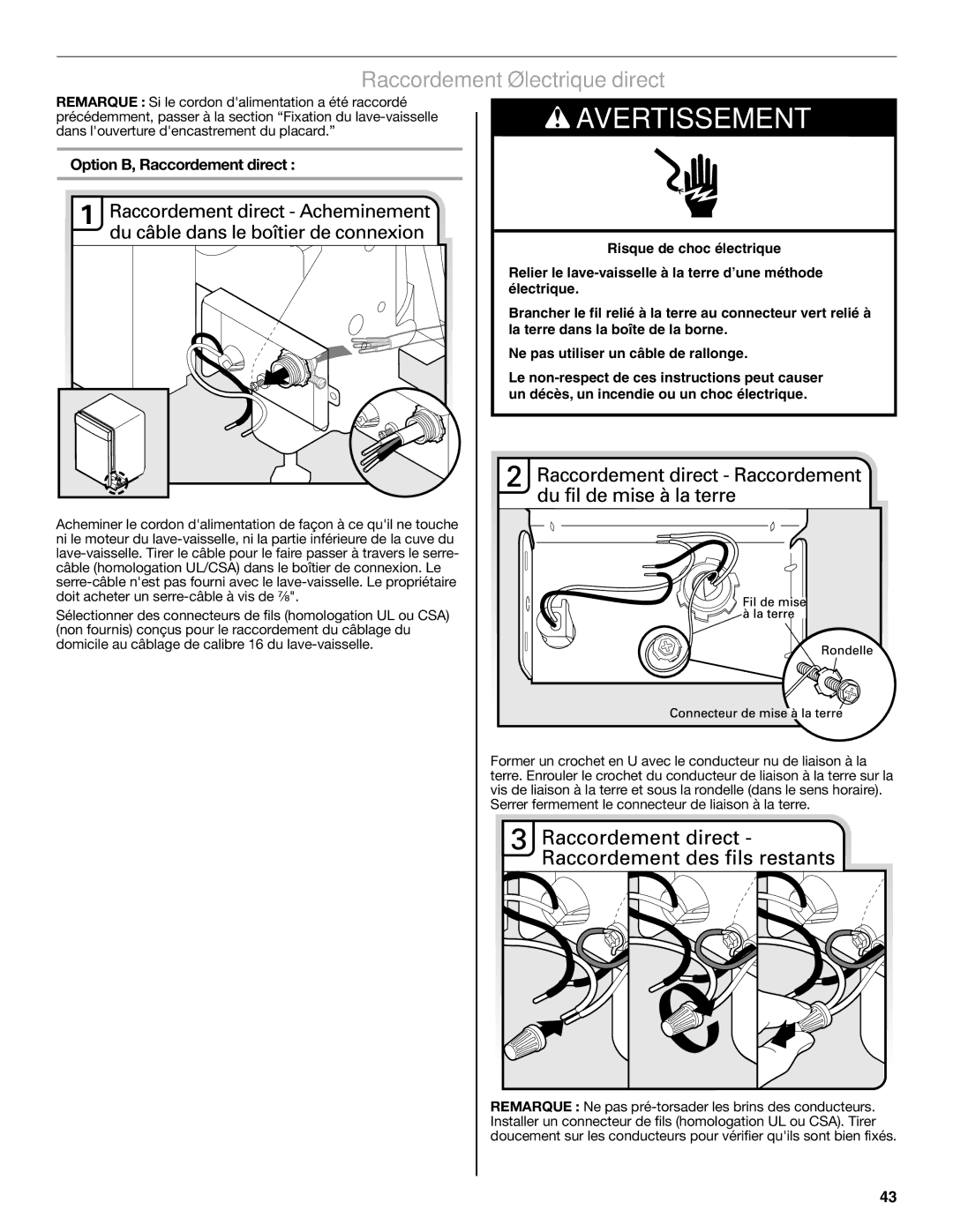 Maytag W10649077A installation instructions Raccordement électrique direct, Option B, Raccordement direct 