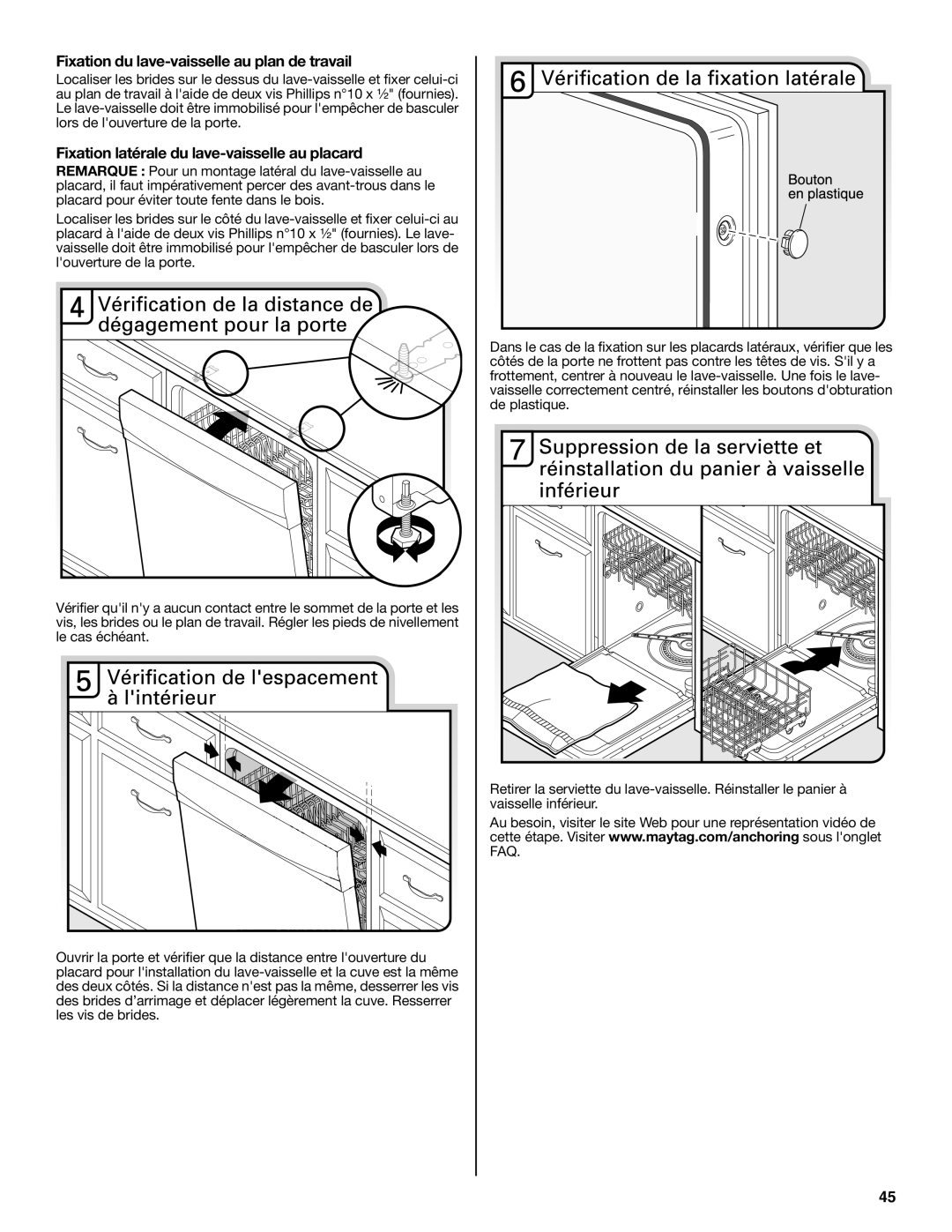 Maytag W10649077A Fixation du lave-vaisselle au plan de travail, Fixation latérale du lave-vaisselle au placard 