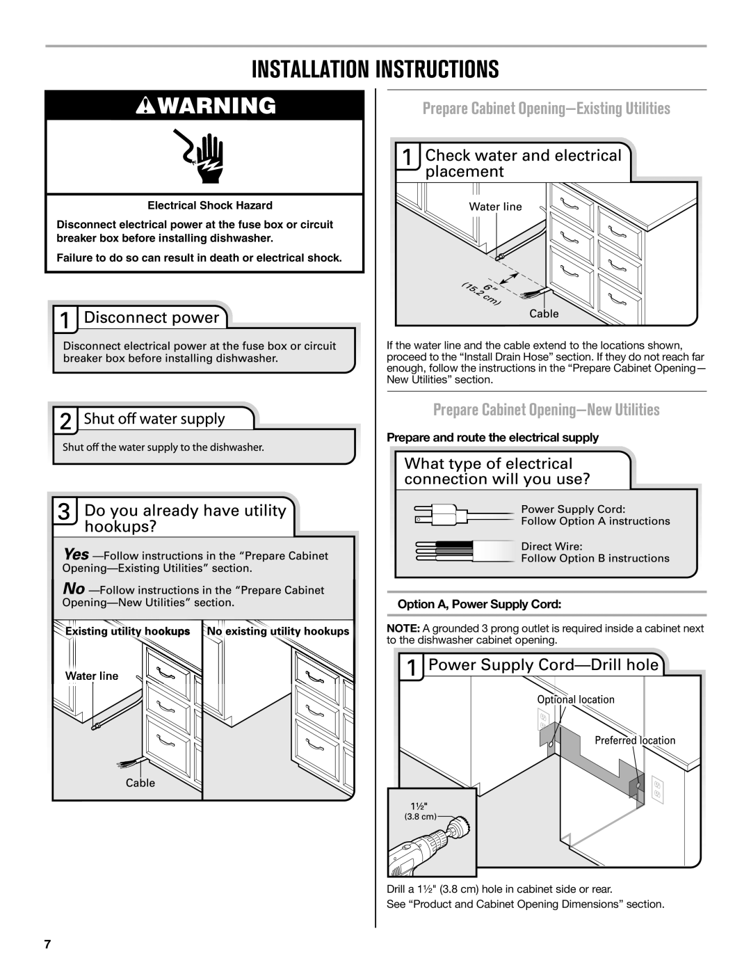 Maytag W10649077A installation instructions Installation Instructions, Prepare Cabinet Opening-New Utilities 