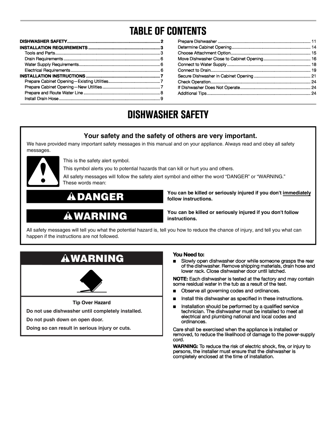 Maytag W10649077A installation instructions Table Of Contents, Dishwasher Safety, Danger 
