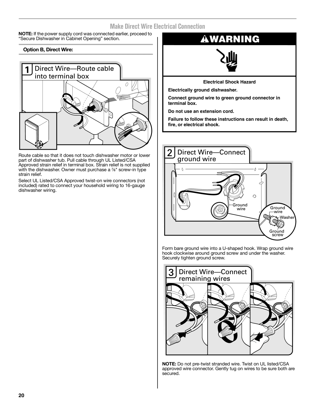 Maytag W10649077A installation instructions Make Direct Wire Electrical Connection, screw 