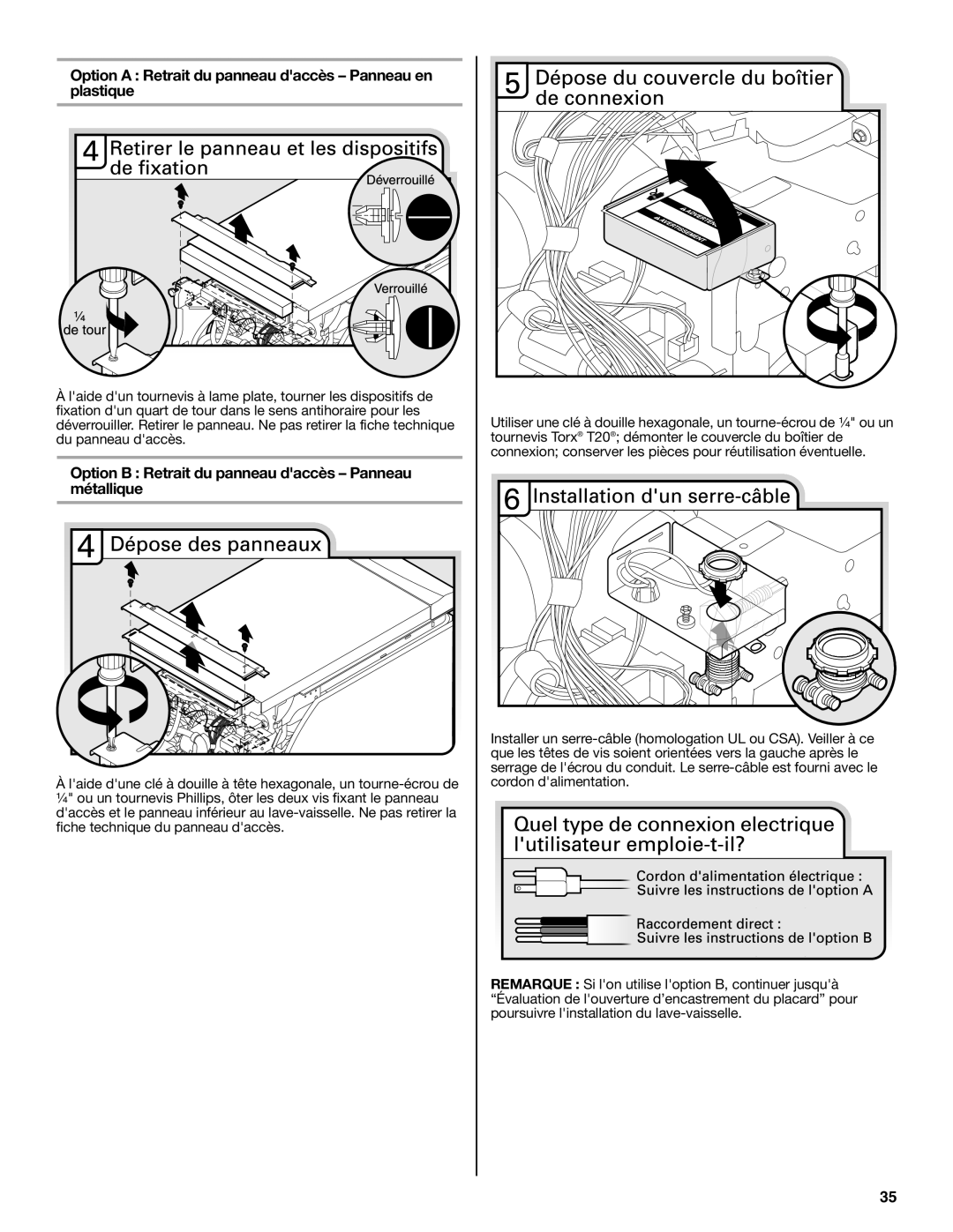 Maytag W10649077A installation instructions Option A : Retrait du panneau daccès – Panneau en plastique 
