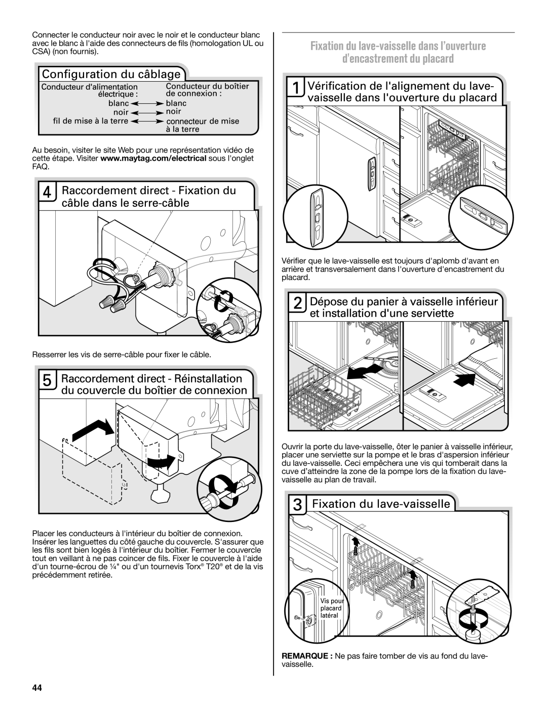 Maytag W10649077A installation instructions Fixation du lave-vaisselledans l’ouverture, dencastrement du placard 