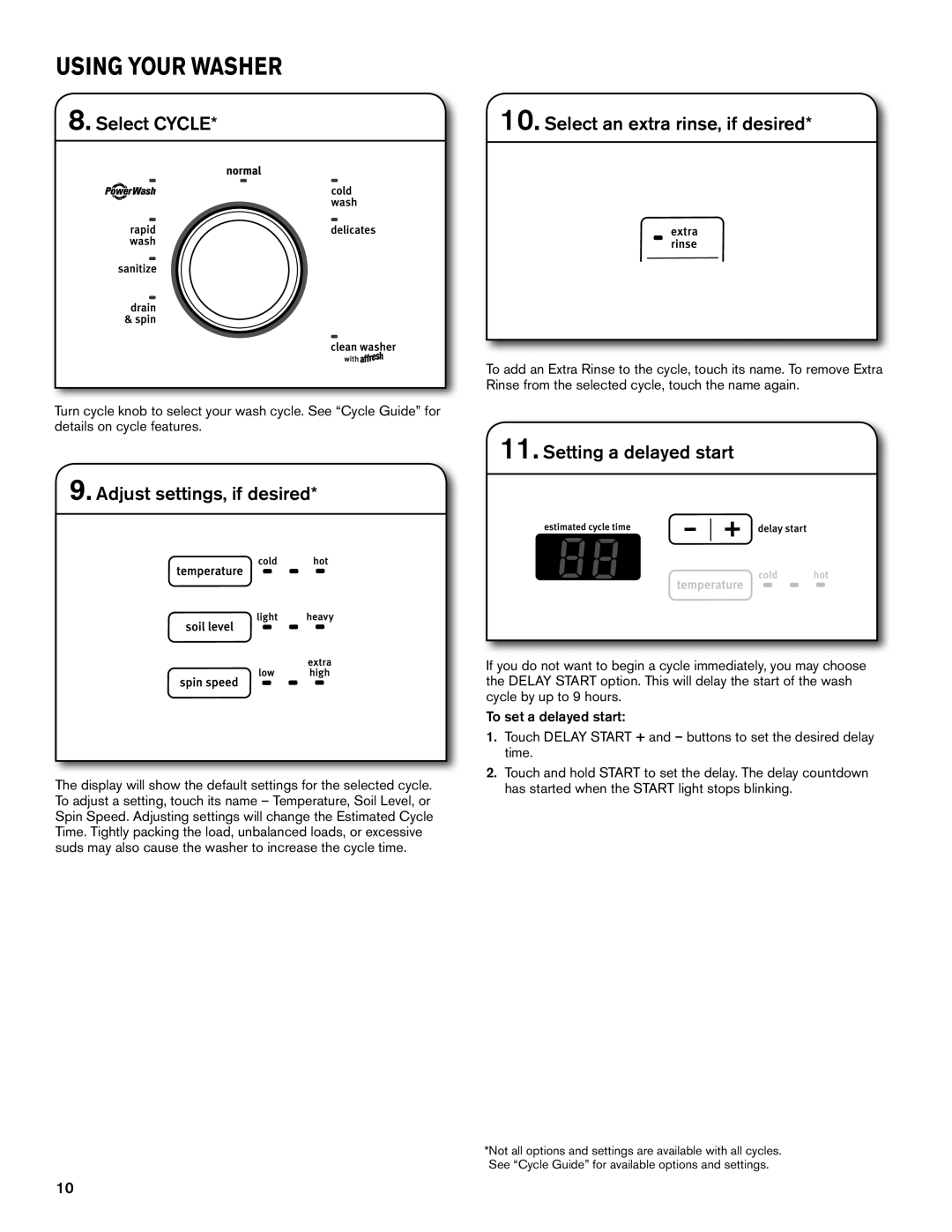 Maytag W10649235A Select Cycle Select an extra rinse, if desired, Adjust settings, if desired, Setting a delayed start 