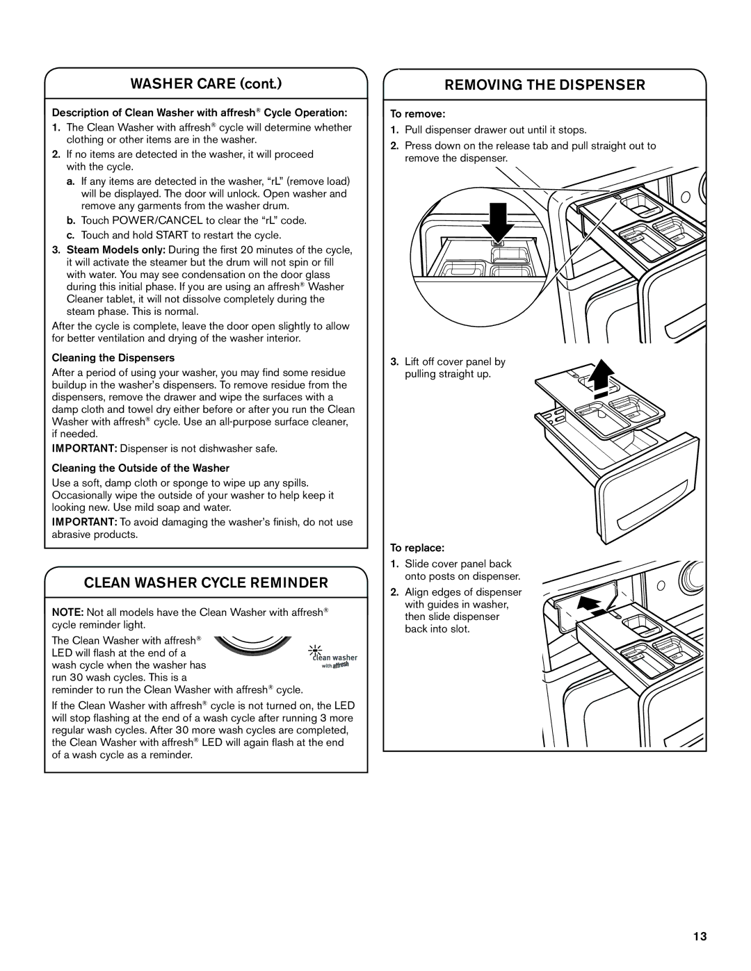 Maytag W10649236A - SP, W10649235A manual Clean Washer Cycle Reminder, Removing the Dispenser, Clean Washer with affresh 