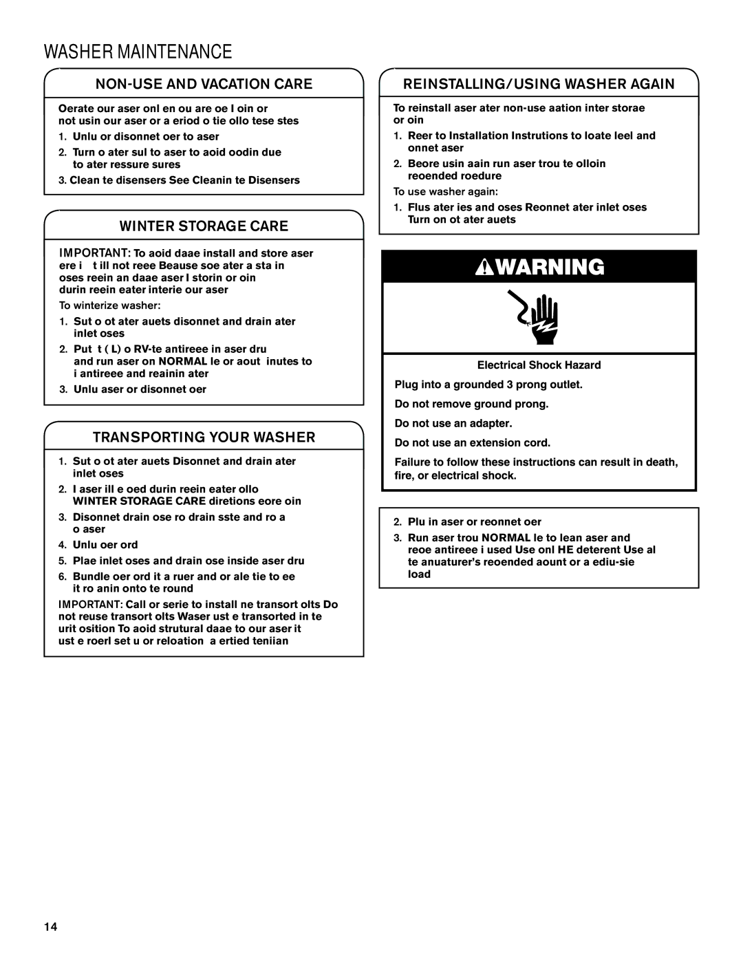 Maytag W10649235A, W10649236A - SP manual NON-USE and Vacation Care, Winter Storage Care, REINSTALLING/USING Washer Again 