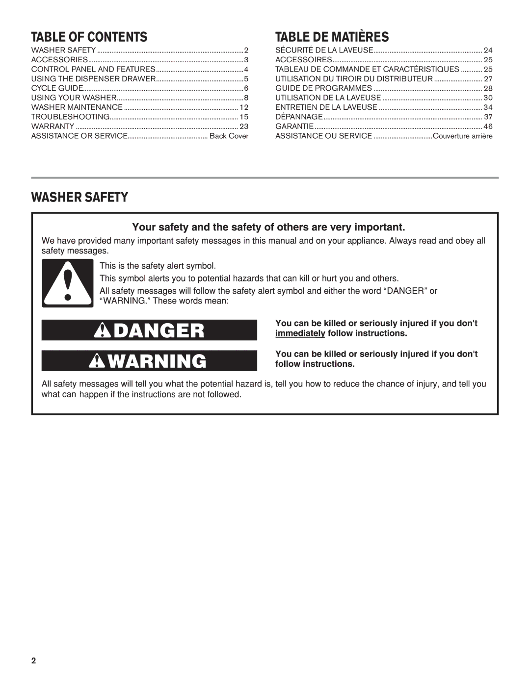 Maytag W10649235A, W10649236A - SP manual Table of Contents, Table DE Matières, Washer Safety 