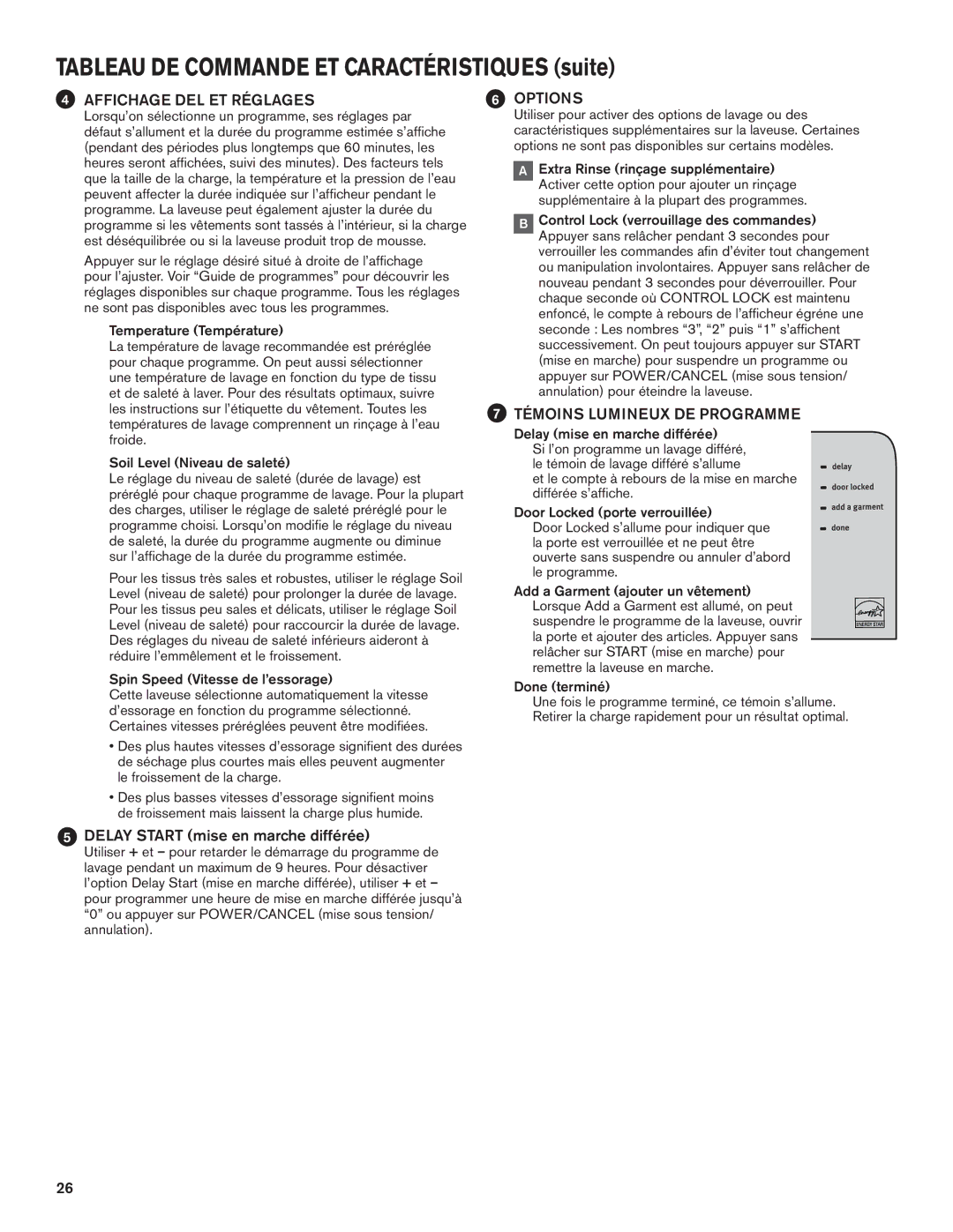 Maytag W10649235A Delay Start mise en marche différée, Spin Speed Vitesse de l’essorage, Delay mise en marche différée 