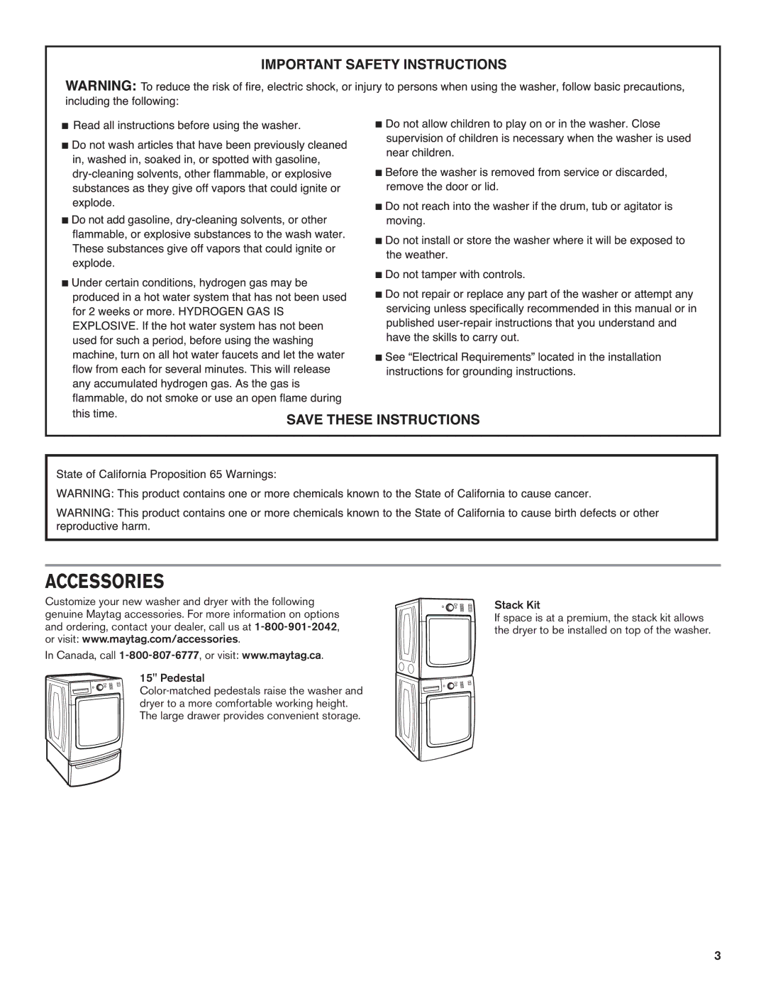 Maytag W10649236A - SP, W10649235A manual Accessories, Pedestal, Stack Kit 